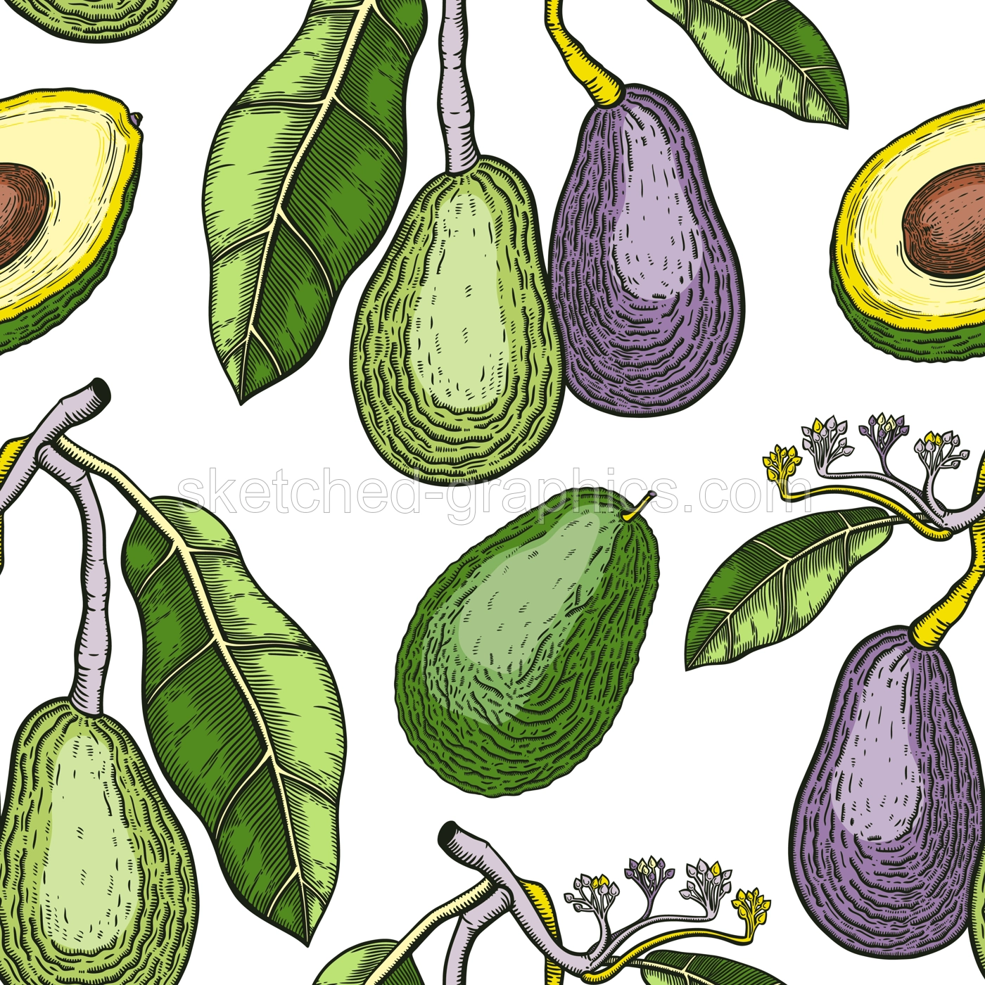 Green avocado background design. Flat fruit branches, flowers, whole avocado, cut half piece in colors. Seamless healthy food pattern. Vector plant illustration for textile, packaging, print.  Illustration